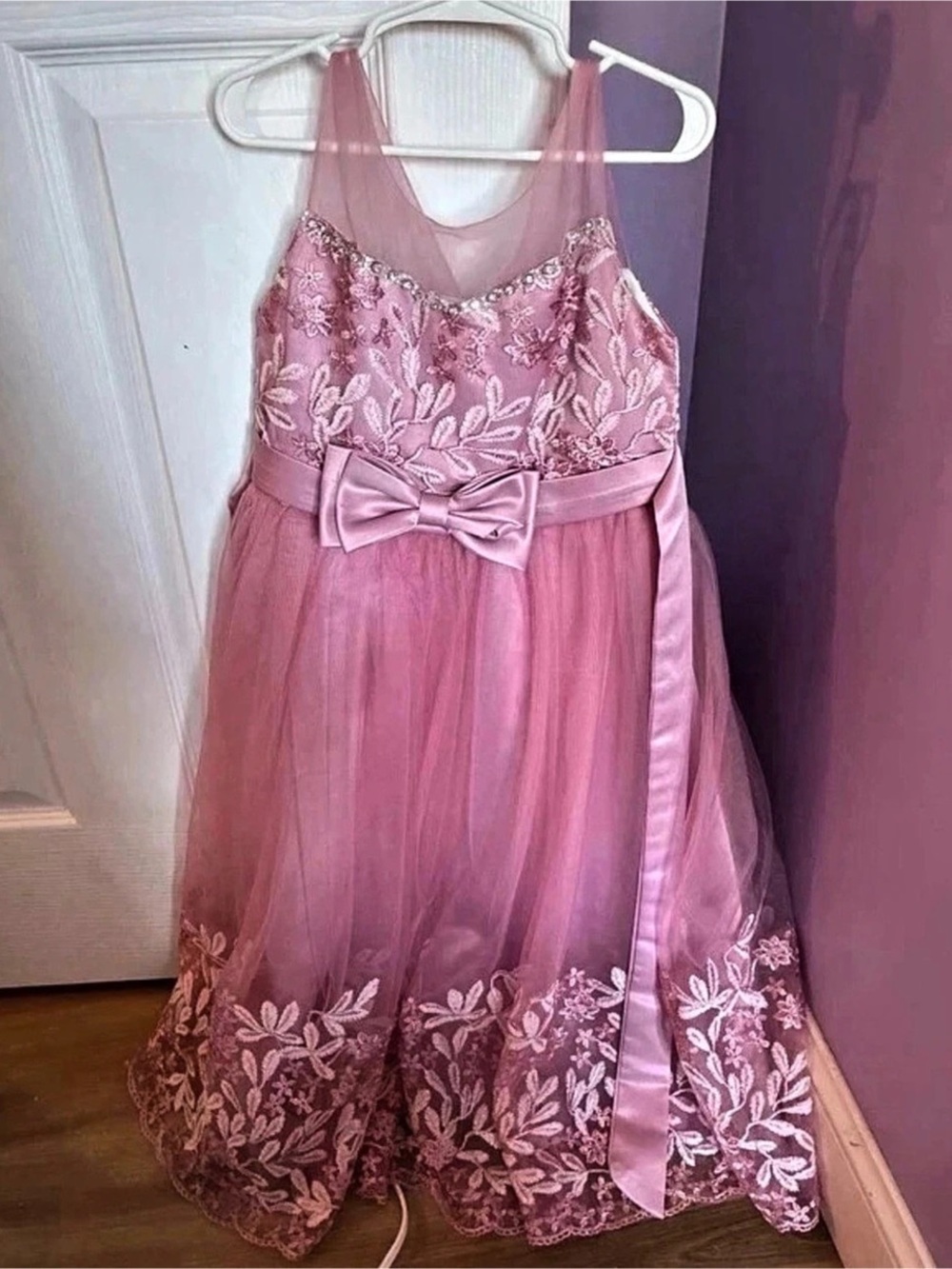 Kids Pink Floral Bow Formal Dress